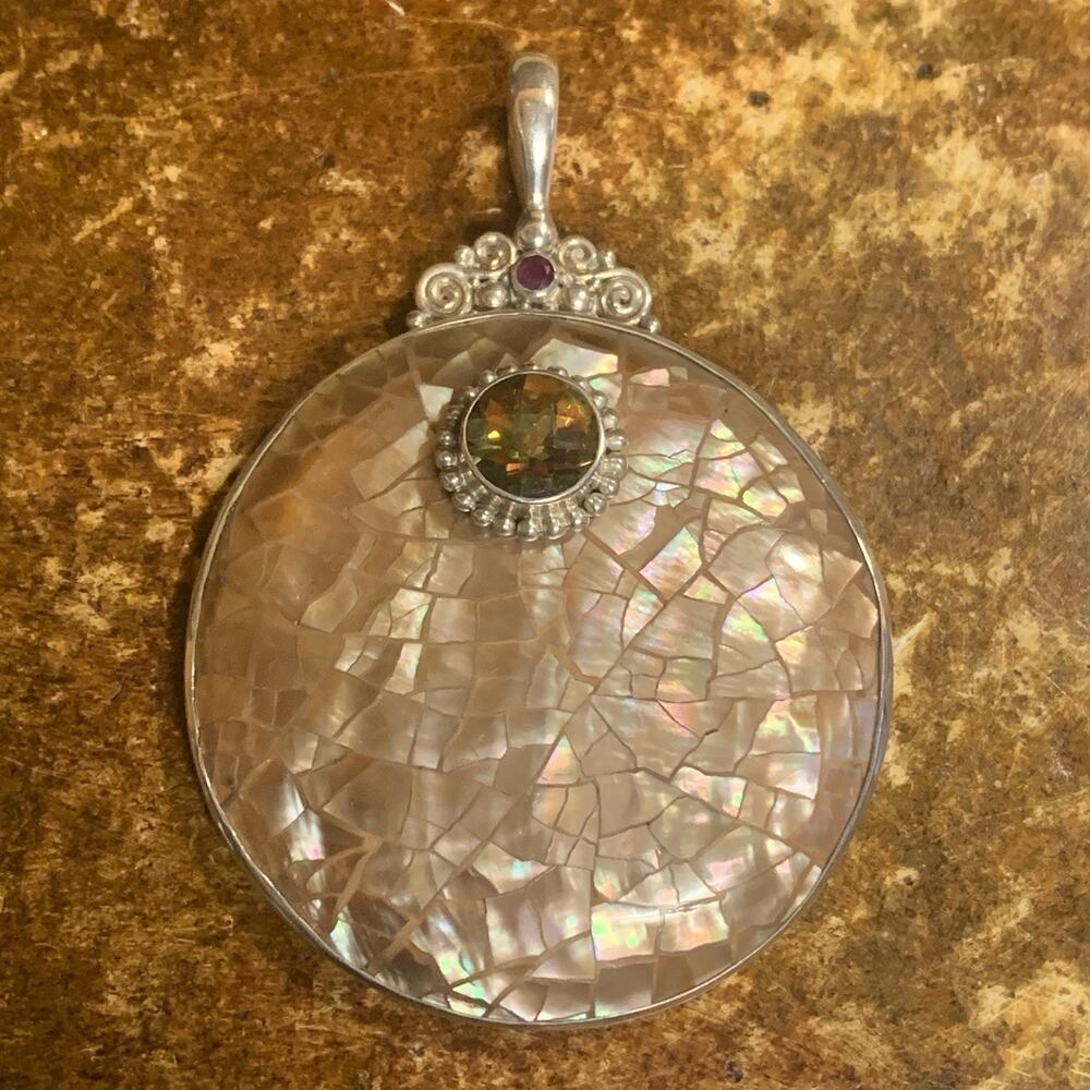 Sajen Pendant Sterling Silver, Abalone Shell, Ammolite and Ruby Statement Piece